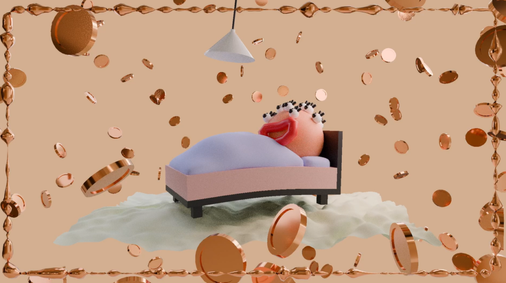 animatie van poppetje in bed met veel munten eromheen