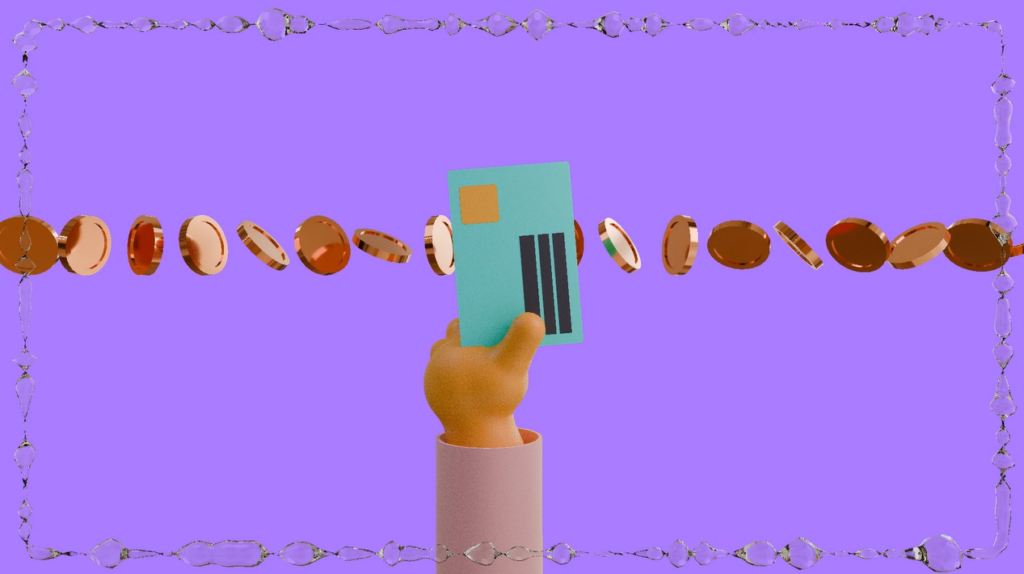 Animatie van hand met pinpas en op achtergrond muntjes